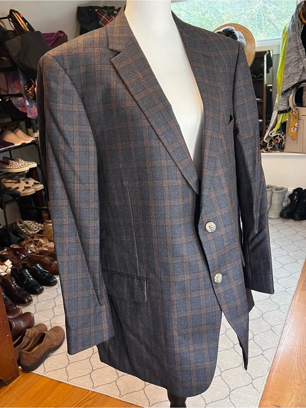 INDOCHINO Men’s 100% Wool Blazer | Size 46R | Brown & Blue Plaid Custom Tailored